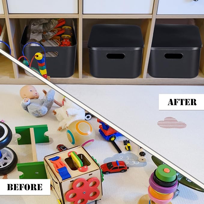 8 Pack Storage Bins, 13.8 X 9.8 X 5.9 Inch Black | Plastic Stackable Containers with Lid Handle, For Shelves Desktop Playroom Office, Organizing Toys Books Supplies Storage - Image 5
