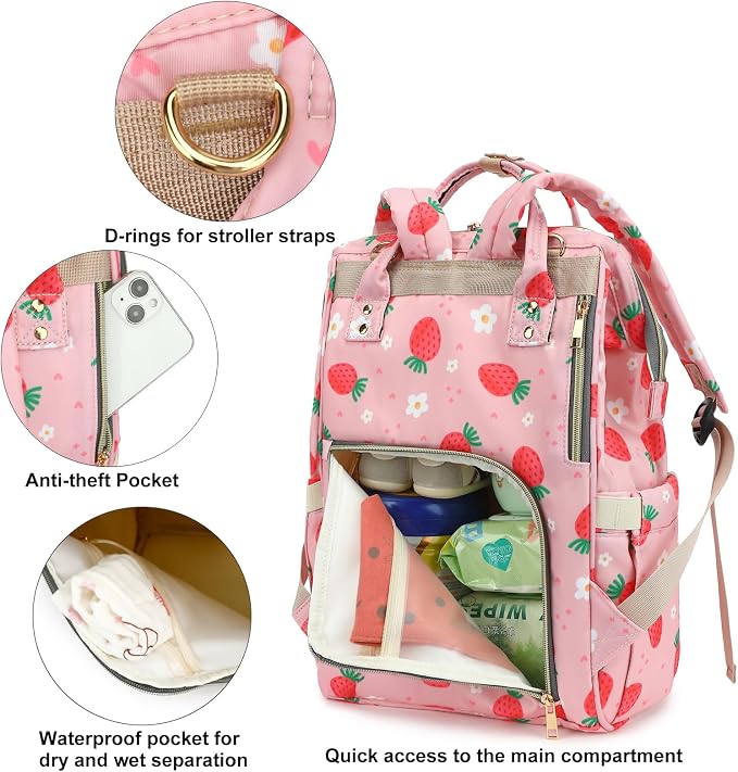 Strawberry Baby Diaper Bag Backpack for Girls Boys, Waterproof Large Maternity Nappy Bags for Mom - Image 3