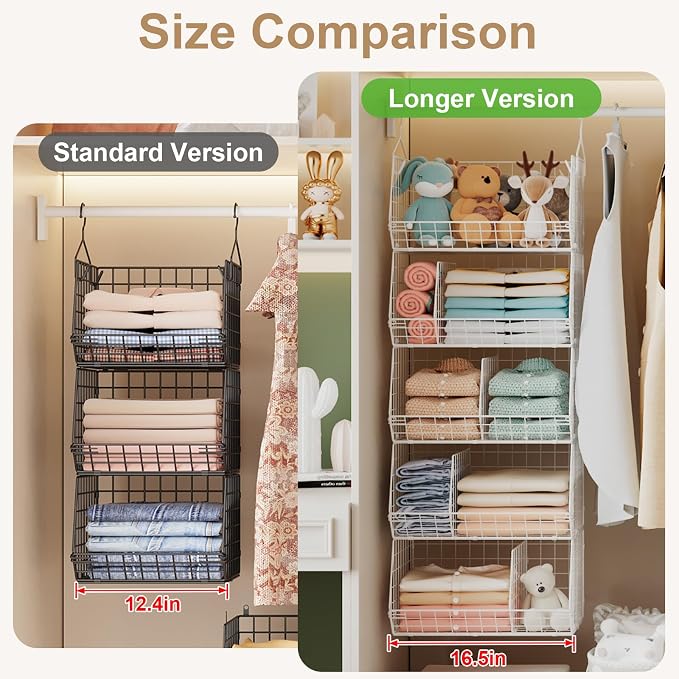 5 Tier Extra Large Closet Hanging Shelves with Divider,2 Pair Hook,16.5"L x 11.8"W x 51.4"H Closets Organizers and Storage,Clothes Organizer Clothing Sweaters Shoes Handbags Clutches Accessories-White - Image 8