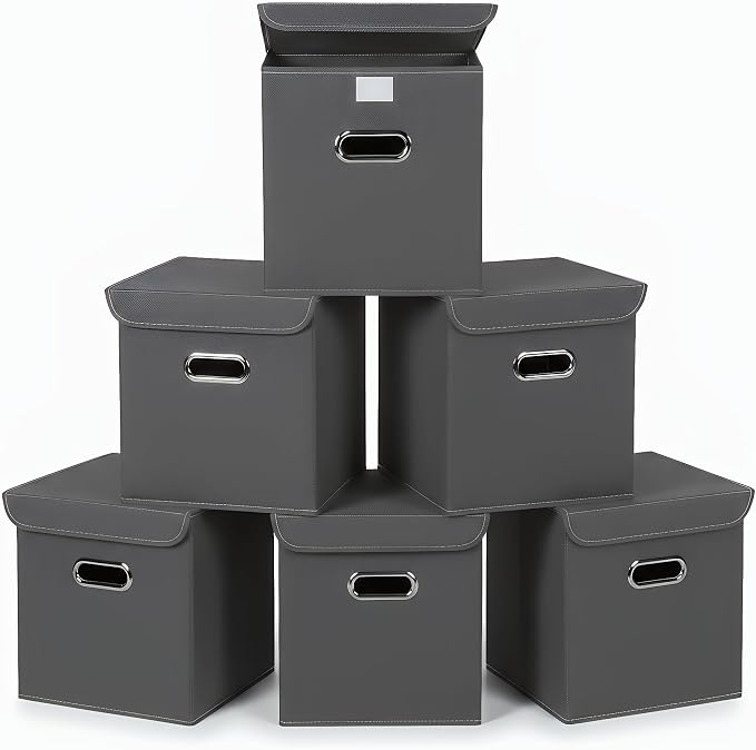 Closet Organizers Fabric Storage Bins With Lids Collapsible Cube Storage Organizer Basket With Handles,Storage Boxes for Clothes Storage,Office,Laundry,Shelves,6 Pack,（Grey by SEVENDOME