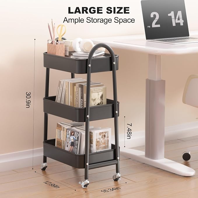 3 Tier Rolling Cart, Large Metal Storage Cart with Handle and Lockable Wheels, Big Multifunctional Storage Organizer Trolley with Mesh Baskets for Kitchen, Living Room, Office, Garage (Black) - Image 2