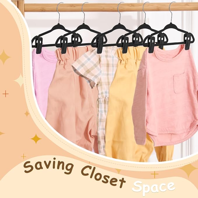 50 Pack Velvet Hangers for Baby & Kids, 11 Inch Non-Slip Infant Clothes Hangers with 100 Multi-use Adjustable Clips, Slim Space Saving Hanger for Nursery Closet, Toddler Skirts Pants Coat, Black - Image 6