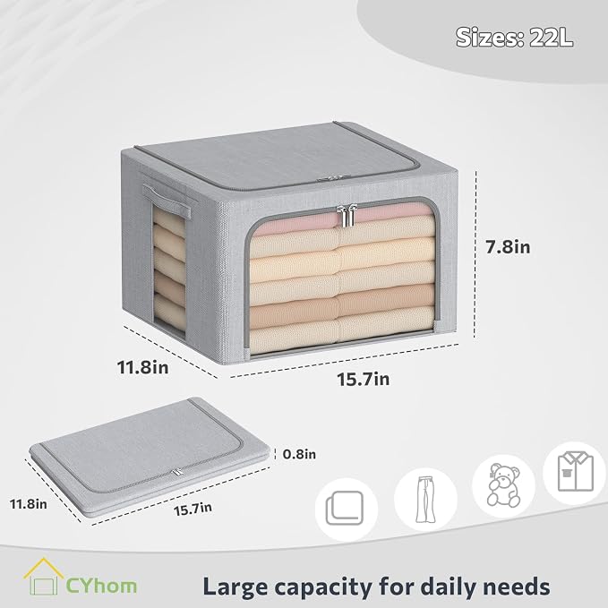 CYhom Clothes Storage Bins Box - Foldable Stackable Container Organizer Set with Clear Window & Carry Handles & Metal Frame - 2Pack Large Capacity for Bedding, Blankets, Books - Image 6