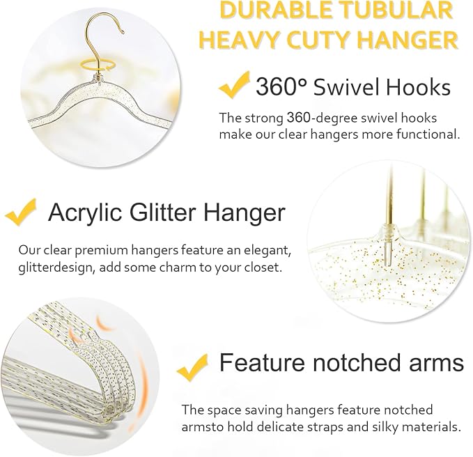 VSV stoage Clear Clothes Hangers 16", 40 Pack Plastic Coat Hanger for Adult Closet, Bling Thin Hangers with Swivel Gold Hook, Notched Shoulders Perchas - Clothing Rack for Bridesmaid Dresses - Image 2