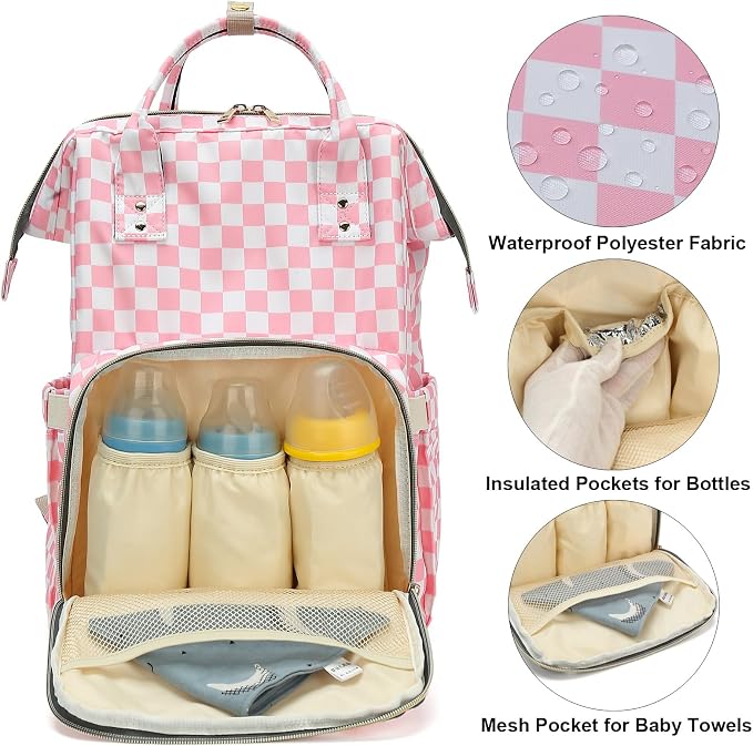 Checkered Pink Baby Diaper Bag Backpack for Women, Large Capacity Waterproof Maternity Travel Nappy Backpacks with Stroller Straps - Image 2