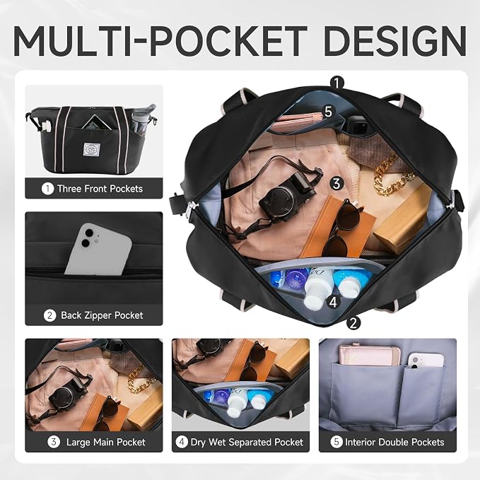 WALNEW Travel Duffel Bag, Weekender Overnight Carry On Bag for Women Men, Foldable Waterproof Gym Luggage with Metal Buckle Detachable Shoulder Strap and Wet Compartment (Black) | Overnight Carry On Bag, Foldable Waterproof Gym Luggage with Metal Buckl... - Image 5