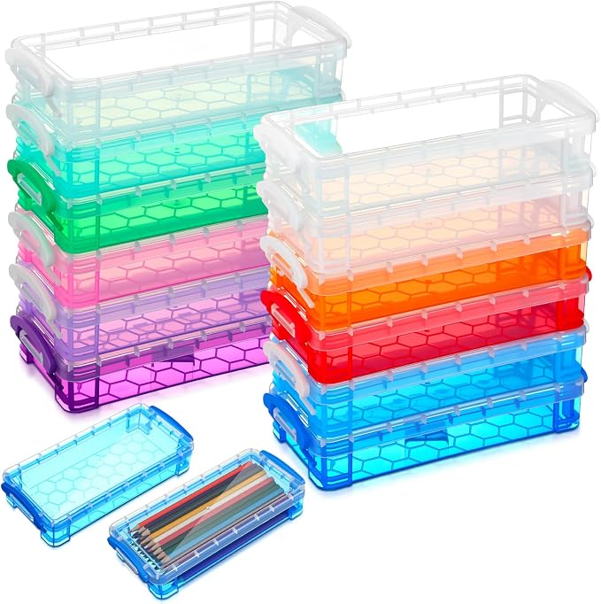Gueevin 12 Pcs Large Capacity Plastic Pencil Box Clear Plastic Pencil Case Crayon Box with Snap Tight Lid Watercolor Pen Storage Brush Organizer Drawing Tools Container (Mixed Colors) by Gueevin