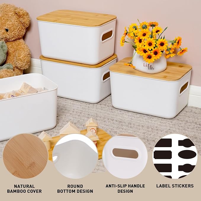 Citylife Storage Bins with Bamboo Lids 7QT Plastic Storage Containers Stackable Organizer Boxes with Handle for Desk Snacks, Toys, 4 PCS, 10" L x 7" W x 5.8" H - Image 5