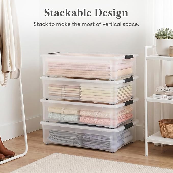 Lifewit 44Qt Storage Bins with Lids, Plastic Large Latches Boxes with Wheels, Clear Totes Tubs Container for Closet Organizers and Storage, Bedroom, Clothes, Craft, 4 Pcs - Image 5