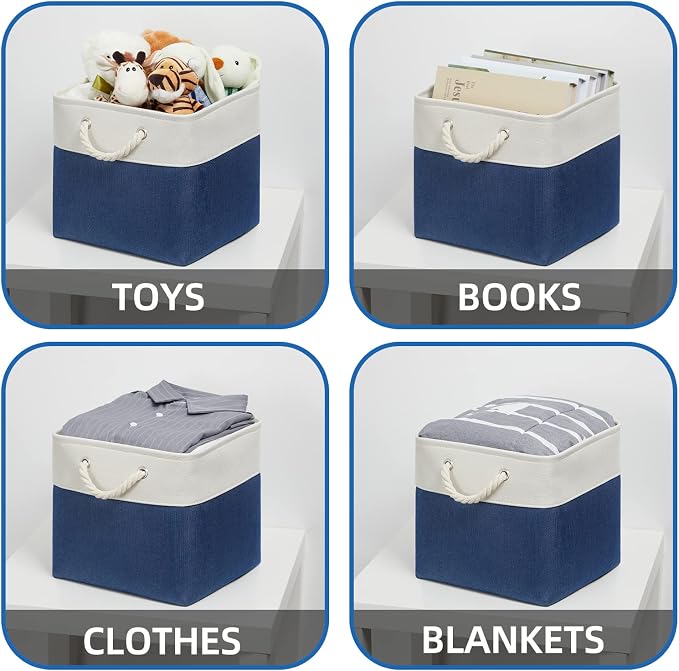 Temary Fabric Storage Cubes for Organizing 4Pack Blue Fabric Storage Basket 12 Inch Cube Storage Bins with Handles for Organizing Toys, Shelf Baskets for Home Office Closet (White&Blue) - Image 4