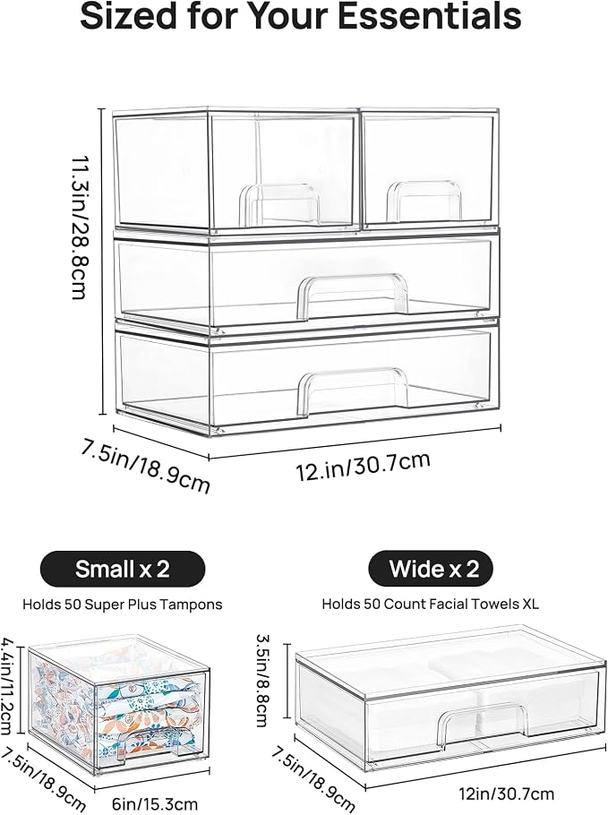 Vtopmart Clear Stackable Storage Drawers Set of 4, Plastic Organizer Bins | Multi-purpose Boxes for Bathroom Accessories, Beauty Supplies, Ideal for Cabinet, Shelf, Pantry, Laundry Room Organization - Image 2