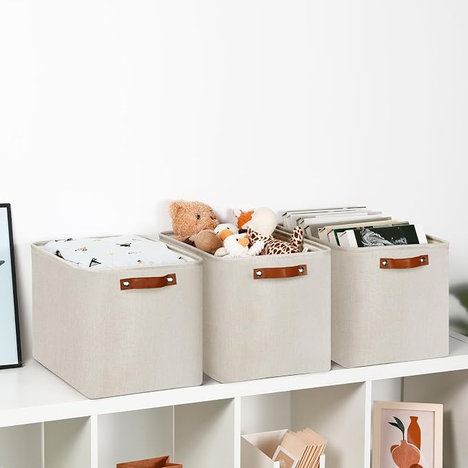DULLEMELO Large Storage Baskets, Fabric Storage Bins for Organizing Clothes, Large Storage Bins with Handles for Shelves Closet Organizers, Fabric Storage Baskets for Toy Organizers(Beige) - Image 5