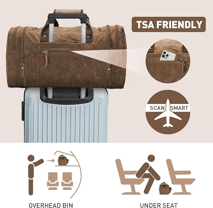 Wildroad Waxed Canvas Duffle Bag - 60L Weekender Overnight Travel Bag | Gifts for Men, Holiday Birthday Gift for Dad, Husband & Partner, Carry-on Size - Image 7