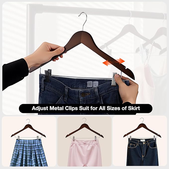 Wooden Hangers with Clips 12 PCS Pant Hangers with Clips,Smooth Solid Wooden Pants Hangers,360 Swivel Hooks & Adjustable Clips,for Jeans,Skirt,Suit,Shorts,Scarf.（Walnut） - Image 3