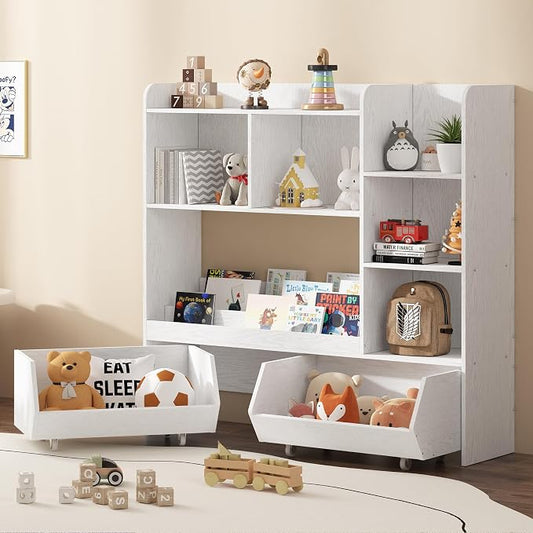ZOPEND Kids Bookshelf and Toy Storage Organizer with 2 Rolling Bins, 5-Tier Open Wooden Bookcase for Children's Bedroom Playroom Nursery, Montessori Toddler Book Shelf with Display Rack, White by ZOPEND