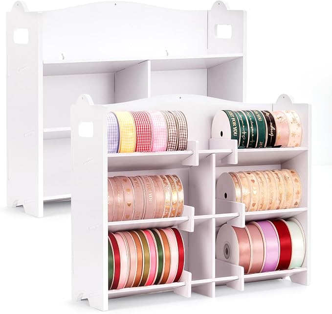 Krafetto 2 Pack Stackable Ribbon Organizer for Spools up to 4 Inches | Desktop and Wall-Mount Storage Keeps Small Ribbon Rolls Visible and Organized by Krafetto