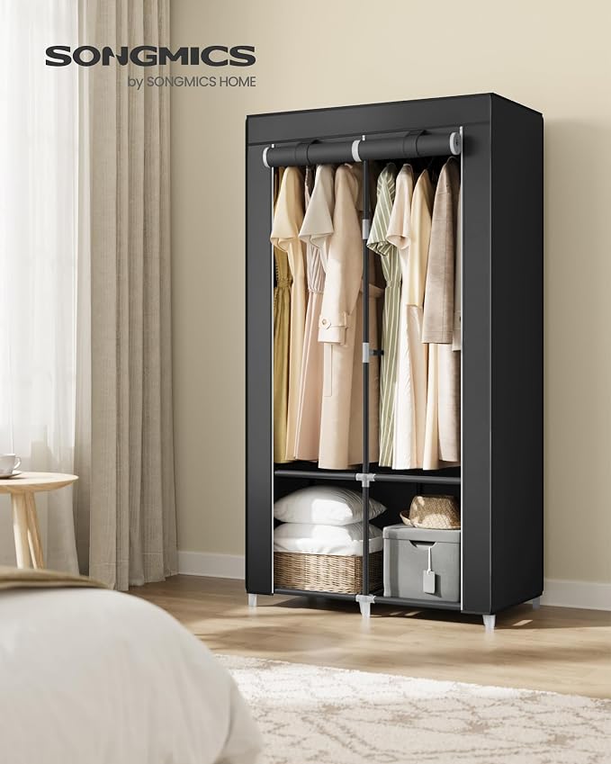 SONGMICS Portable Closet with Cover, 2 Hanging Rods and Shelves | Wardrobe Closet Organizer, 4 Side Pockets, 33.9 x 17.7 x 65.7 Inches, Black, RYLAN Collection URYG091B01 - Image 2