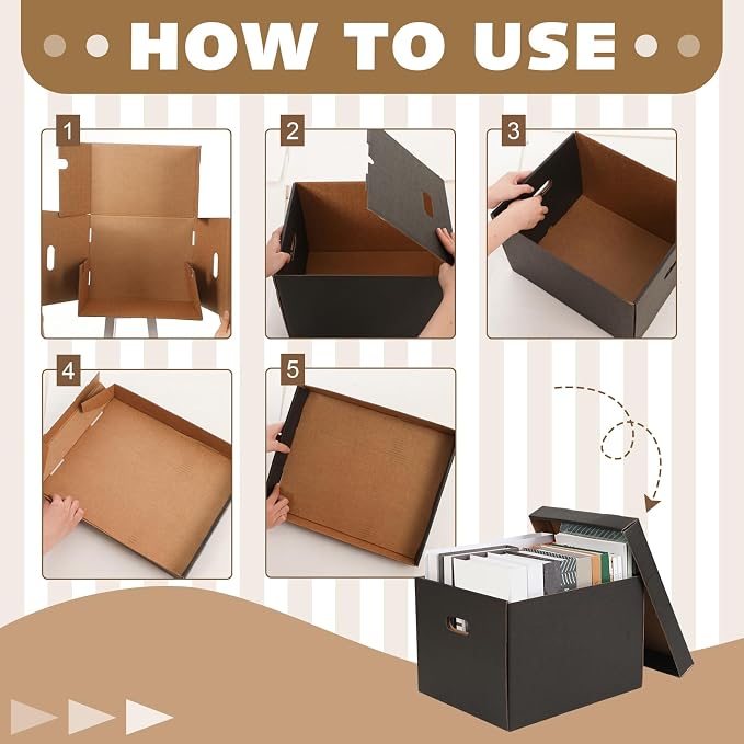10 Pcs 15 x 12 x 10 Inch Archival Storage Cartons Bulk, Acid Free Buffered Corrugated Board Ready-To-Assemble Photo Storage Box for Storing Documents Magazines Photos Cards(Black) - Image 3