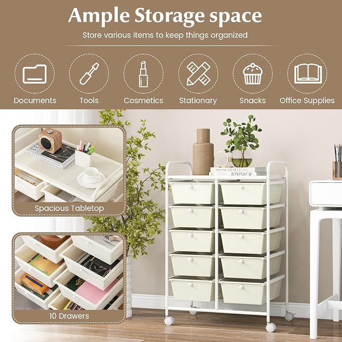 RELAX4LIFE 10 Drawer Storage Cart - Ivory Metal Frame Rolling Art Cart Organizer with Lockable Wheels, Utility Cart for Crafting Storage, Office, Home, School - Image 6