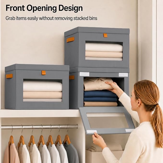 combocube Storage Bins with Lids, 4 Pack Large Fabric Closet Organizer | 800gsm PP Board, Front Opening & Easy-Access Window, 3-Handle Design, Dust-Proof Collapsible Boxes for Sweaters, Blankets - Image 2