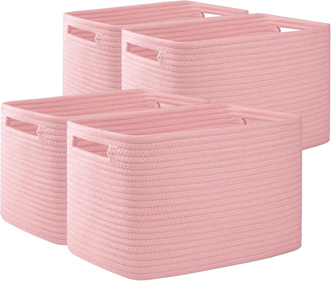 OIAHOMY 4 Pack Storage Baskets for Organizing 15L Cube Storage Bins Pink | Woven Baskets for Storage Rectangle Small Baskets With Handles Baskets for Shelves Wicker Baskets for Shelves 12.7x9x7.8inch by MasterofSpaceOptimization
