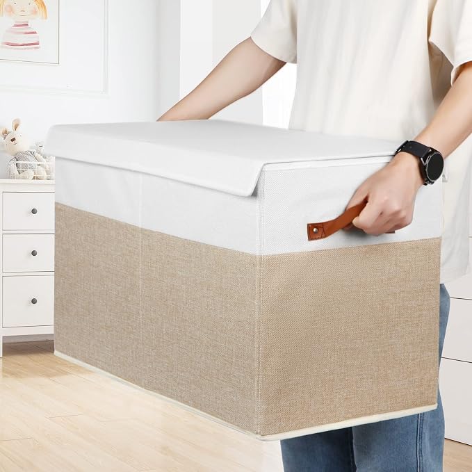 Large Toy Storage Box with Lid, Toy Chest Bin Boxes Basket with Dividers | Sturdy Toy Organizer Bin for Kids, Boys, Girls, Nursery, Living Room, Bedroom, Playroom 25"x13" x16" (Beige and White) - Image 6
