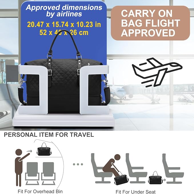 Travel Duffel Weekender Bag Women Tote Carry On Bags With Shoe Compartment | Travel Overnight Bags with Trolley Sleeve for Airplanes Sport Tote Gym for Men Waterproof Lightweight Daypack Black - Image 2
