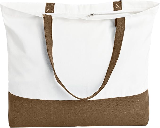 1 Pack Canvas Tote Bag with Zipper, Large Reusable Grocery Tote, Khaki | Blank bag, washable, inner pocket, flat bottom, sturdy handle, for sublimation DIY/transfer, travel/beach/Christmas crafts by HWJH