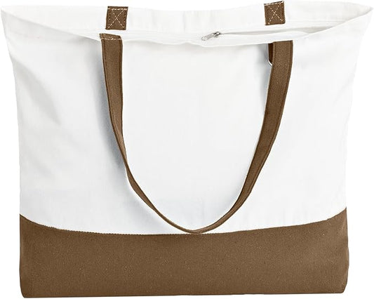 1 Pack Canvas Tote Bag with Zipper, Large Reusable Grocery Tote, Khaki | Blank bag, washable, inner pocket, flat bottom, sturdy handle, for sublimation DIY/transfer, travel/beach/Christmas crafts by HWJH