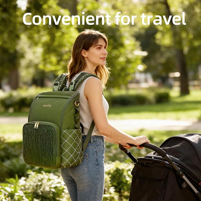 Stylish Baby Diaper Bag, Baby Bag with Changing Pad, Pacifier Case& Stroller Straps, Large Diaper Backpack Boy Girl, Water Resistant Travel Diaper Backpack（Green） - Image 7