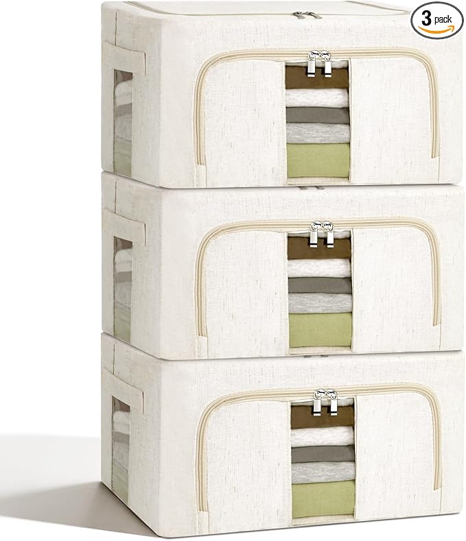 3 Pack Clothes Storage Bins with Metal Frame,Foldable Storage Bin with Lid for Clothes,Stackable Cotton Linen Fabric Organizer Set with Carrying Handles and Clear Window(Beige, 24L) by Unknown