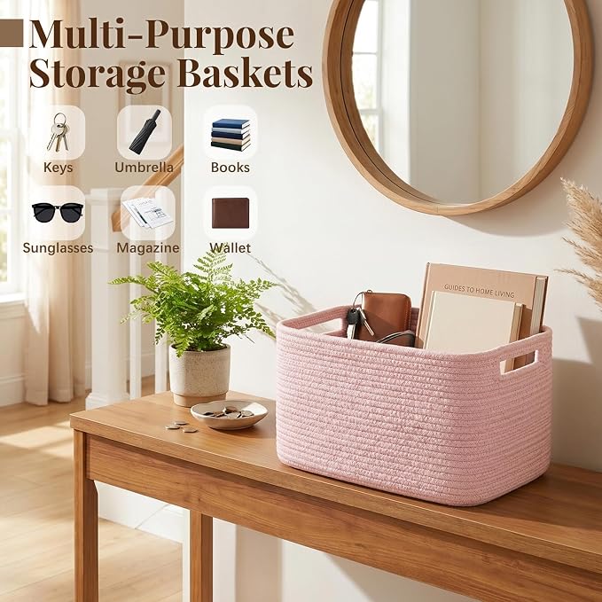 OIASKET 4Packs Natural Cotton Rope Storage Baskets for Organizing Toys, Clothes, Towels & Books, Soft Versatile Organizers for Shelves, Home Decorative Bins, 13''Lx9''Wx7.8''H, Pink - Image 7