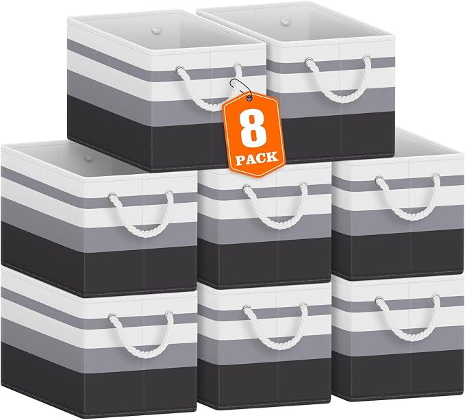 Storage Bins 8-Pack, Foldable Storage Baskets for Organizing Toys, Books, Shelves, Closet, Large Storage Box with Rope Handles, Sturdy Organizer Bins,Gradient Grey by Fabtotes
