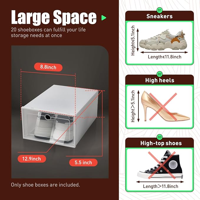 20/24 Pack Clear Clamshell Shoe Storage Boxes,Stackable Shoe Box Organizer,Up to Size 11/12,Need Assembly(20PCS A - Image 2