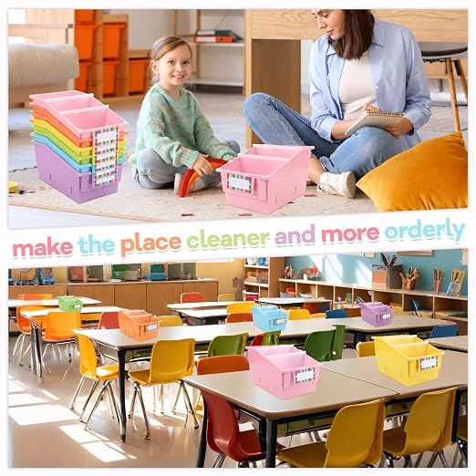 gisgfim 6 Pack Picture Book Bin with Dividers Classroom Library Book Bin Small Plastic Books Holders with Labels for Classroom Library Magazines Storage Organizer 13.5 x 8.75 x 7.75 in(Candy) - Image 7