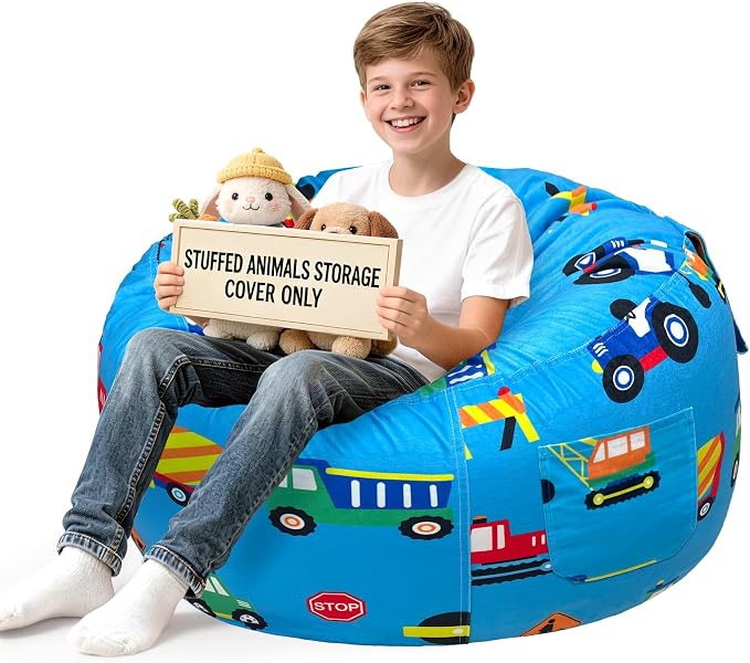 Lukeight Stuffed Animal Storage Bean Bag Chair Cover for Teens, Velvet Plush Toy Organizer Seat, Cover Only, No Filling Included, Long YKK Zipper, Side Pocket, XX-Large 36"D x 20"H by Lukeight