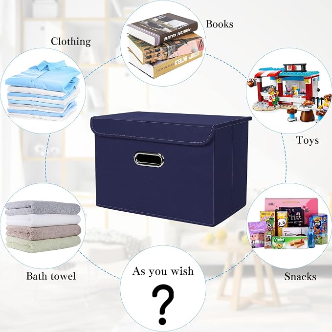 STOREONE Fabric Storage Cube Bins Foldable Organizer Container Collapsible Basket with Lids and Metal Handles, for Home, Bedroom, Closet 6 Pcs (Navy Blue) - Image 3