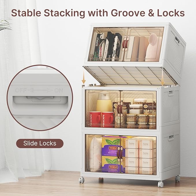 Stackable Storage Bins with Lids, 144QT Lockable Storage Cabinet | Folding Storage Box with Doors and Wheels, Collapsible Plastic Drawers for Home, Garage, Office - Image 5