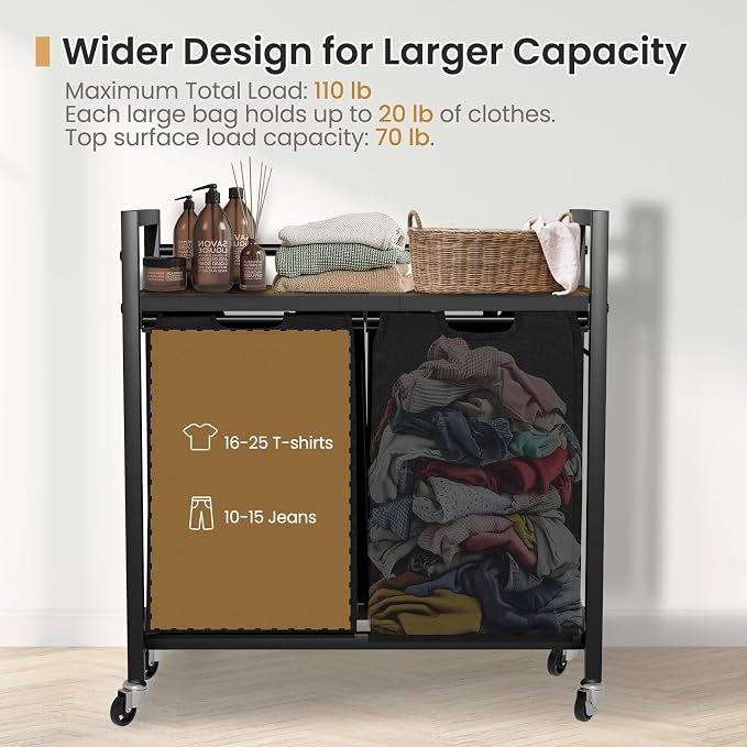 SwaaVee Laundry Sorter, Laundry Hamper with Wooden Top Shelf, 2×14.5Gal(110L), Metal Frame laundry basket with wheels, Pull out and Removable Laundry Bags, 2 Bags-Black - Image 3