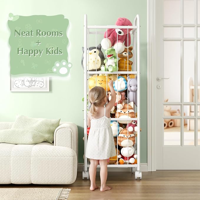 Stuffed Animal Storage Organizer with Wheels for Nursery Playroom | 53.5"x18.1"x13", holds 50+ plushies, sturdy metal frame, 4 casters with 2 brakes, wall anchor included, rounded corners - Image 6