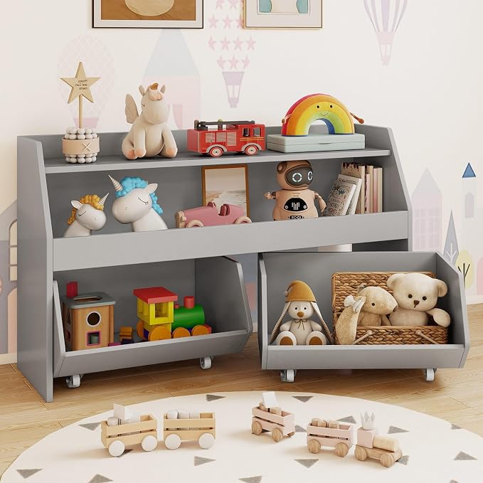 Costzon Toy Storage Organizer for Kids, Toy Cabinet w/ 2 Rolling Drawers, Lockable Wheels, Open Shelf & Anti-toppling Kit, Toddler Toy Shelf for Playroom, Kids’ Room, Nursery, Daycare (Grey) by Costzon