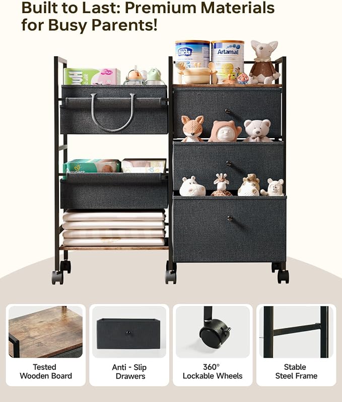 2-in-1 Baby Diaper Caddy Organizer and Storage-3 Tier Rolling Baby Cart with Dividers and Drawers, Baby Essentials for Nursery Storage, Mobile Utility Cart with Wheels Large Capacity Easy To Assemble - Image 7