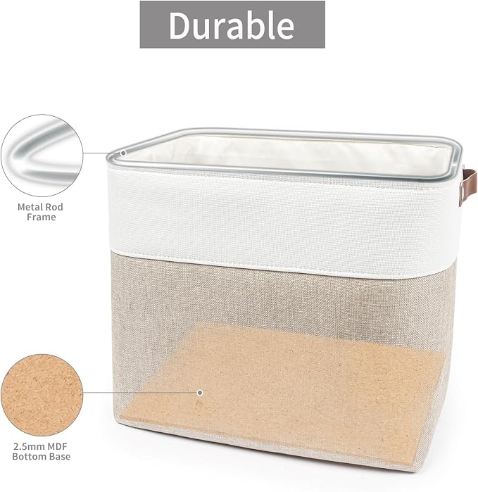 Large Fabric Storage Baskets | 50L Storage Bins, Decorative Linen Closet Baskets with Handles for Organizing, Shelf, Toys, Clothes, Home, Office, Nursery, 17x12x15Inches (Beige&White) - Image 4