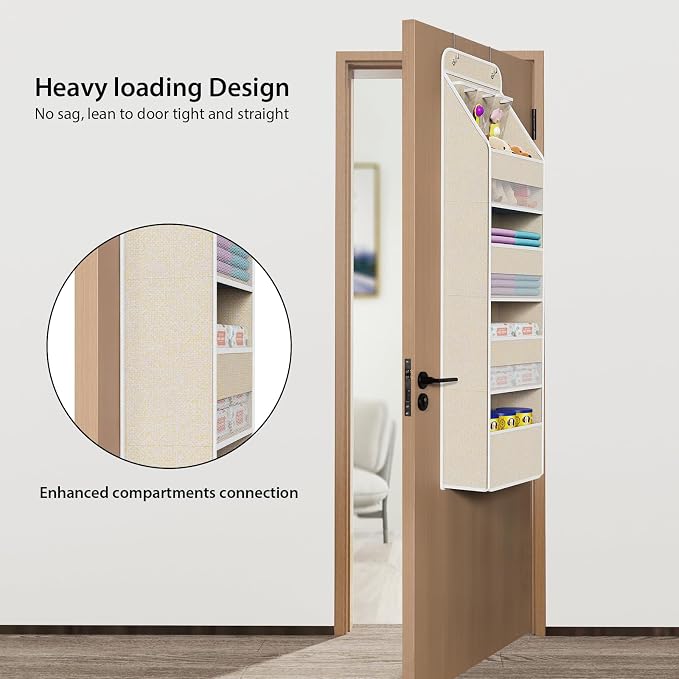 Univivi Over the Door Organizer for Baby Nursery, Beige Pattern, 5-Shelf | Door Storage with Large Capacity Breathable Mesh Pockets, Fabric Over Door Organizer for Baby Essential, Bedroom and Dorm - Image 2