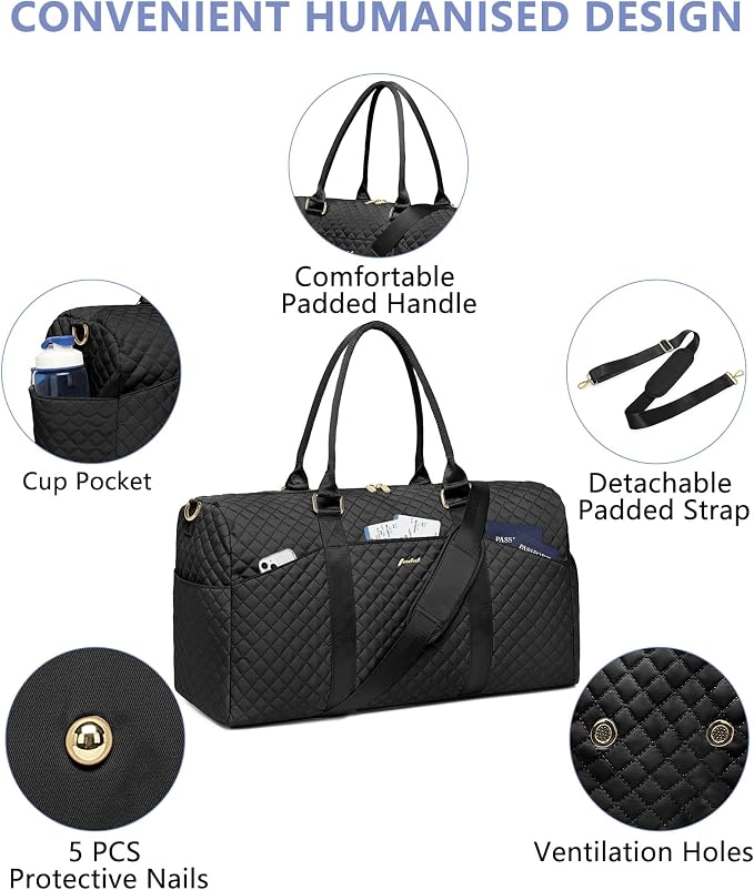 Women Weekender Travel Duffle Bag: Travel Duffel Overnight Bags with Shoe Compartment Large Carry on Tote with 2 Toiletry Bags Weekend Traveling Yoga Gym Hospital Bag for Womens with Wet Pocket Black - Image 5