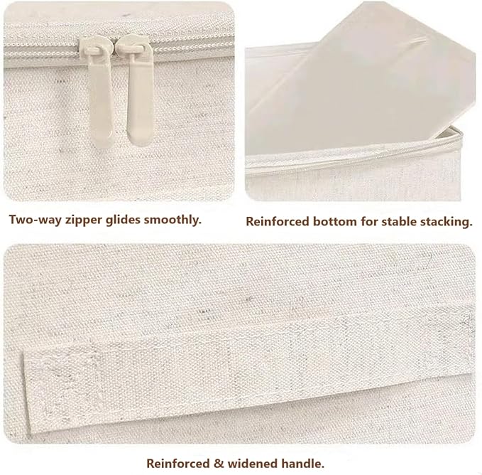 [3 Pack] Beige Cotton Linen Collapsible Storage Bins for Home Organization, Waterproof Fabric Foldable Organizer Boxes, 15.75 x 11.81 x 8.27 Inches, Zippered Flap & Handle (Medium) - Image 5