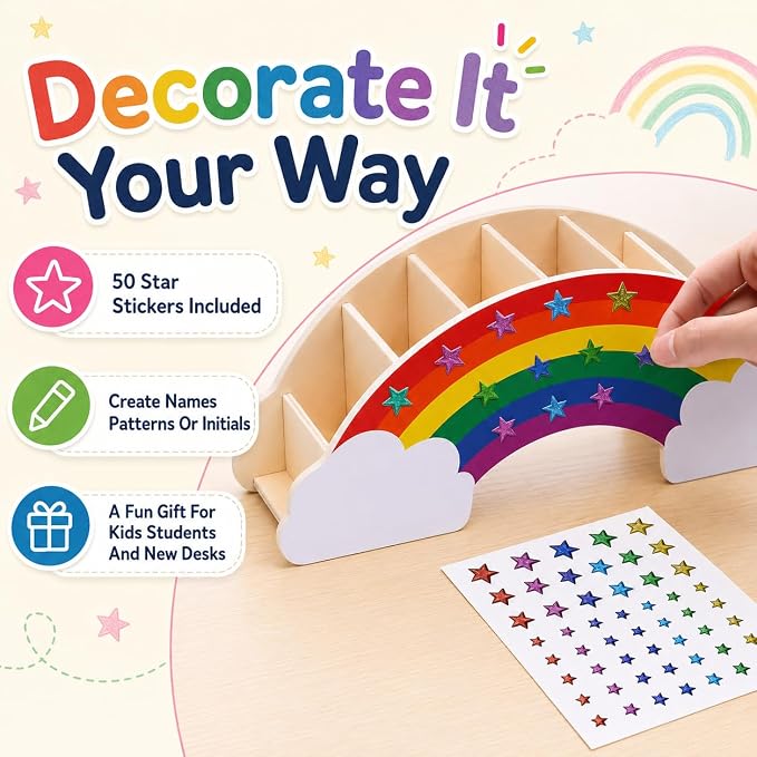 Exerz Rainbow Pencil Holder Desk Organizer with 50 Star Stickers for Kids | Pressed Wood 6 Compartments No Assembly for Pens Markers Brushes Rulers Study Craft Ideal for - Image 5