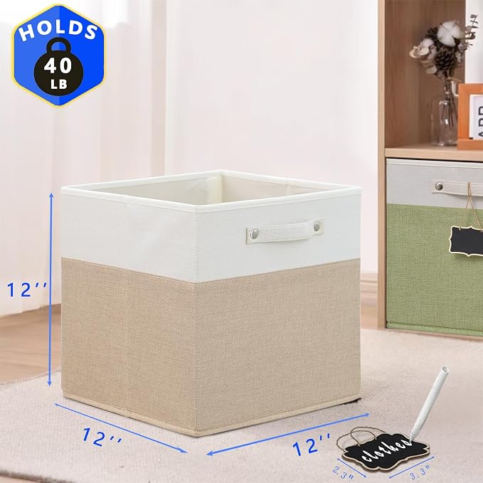 Foldable Fabric Storage Cubes with Labels, Linen Cube Storage Organizer Bins for Kallax Storage - Set of 4 (12 x 12) in White Khaki - Image 5