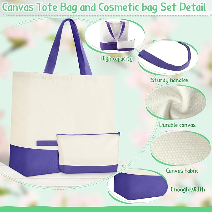 Sanwuta 30 Pcs Canvas Tote Bags Bulk with Zipper Cosmetic Pouch,Purple | 18.5" Reusable Cotton Shopping Bag with Handle for DIY Craft - Image 4