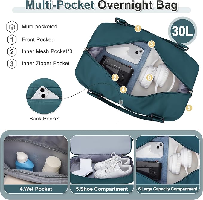 Weekender Bags for Women, Travel Duffel Bags with Shoe Compartment & Wet Pocket,Personal Item Travel Bag for Airlines,Carry on Overnight Tote Bag for women,3Pcs Set，Peacock Blue - Image 4